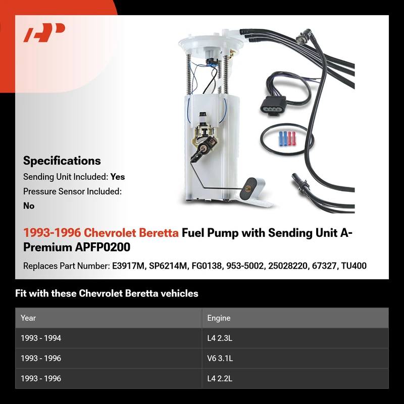 1993-1996 Chevrolet Beretta Fuel Pump with Sending Unit A-Premium APFP0200