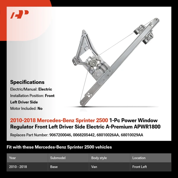2010-2018 Mercedes-Benz Sprinter 2500 1-Pc Power Window Regulator Front Left Driver Side Electric A-Premium APWR1800