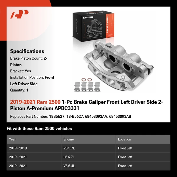 2019-2021 Ram 2500 1-Pc Brake Caliper Front Left Driver Side 2-Piston A-Premium APBC3331