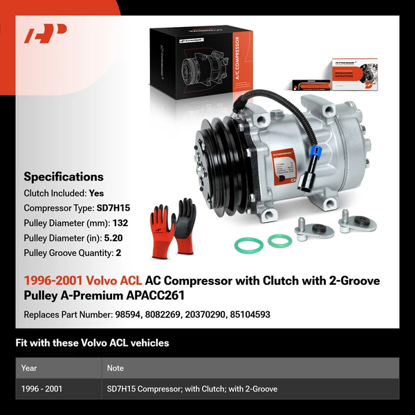 1996-2001 Volvo ACL AC Compressor with Clutch with 2-Groove Pulley A-Premium APACC261