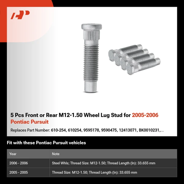 5 Pcs Front or Rear M12-1.50 Wheel Lug Stud for 2005-2006 Pontiac Pursuit