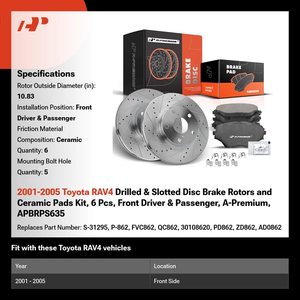 2001-2005 Toyota RAV4 Drilled & Slotted Disc Brake Rotors and Ceramic Pads Kit, 6 Pcs, Front Driver & Passenger, A-Premium, APBRPS635