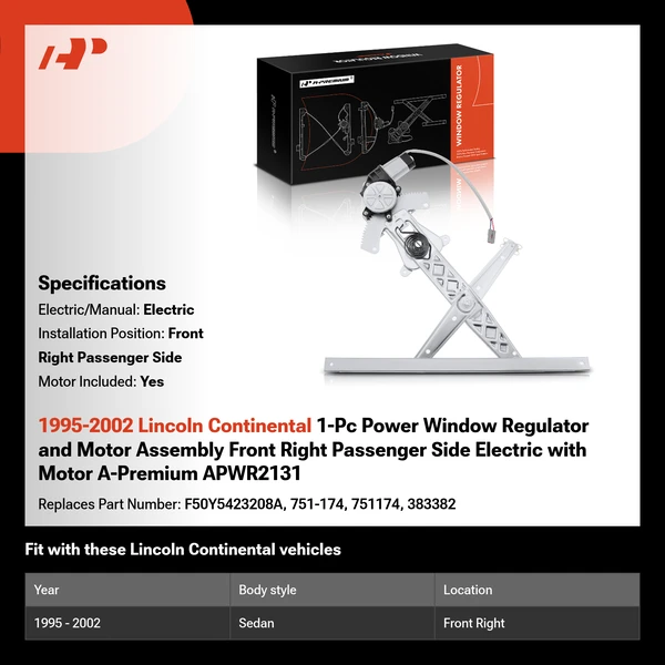 1995-2002 Lincoln Continental 1-Pc Power Window Regulator and Motor Assembly Front Right Passenger Side Electric with Motor A-Premium APWR2131