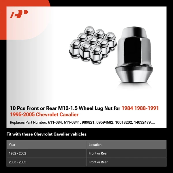 10 Pcs Front or Rear M12-1.5 Wheel Lug Nut for 1984 1988-1991 1995-2005 Chevrolet Cavalier
