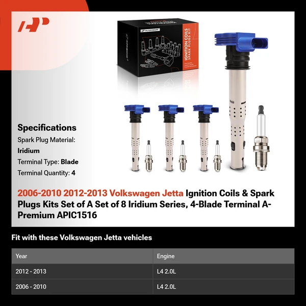 2006-2010 2012-2013 Volkswagen Jetta Ignition Coils & Spark Plugs Kits Set of 8 Iridium Series, 4-Blade Terminal A-Premium APIC1516