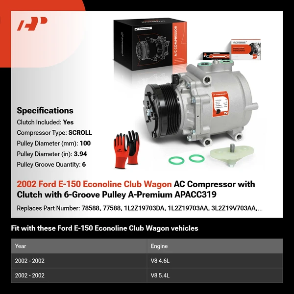 2002 Ford E-150 Econoline Club Wagon AC Compressor with Clutch with 6-Groove Pulley A-Premium APACC319