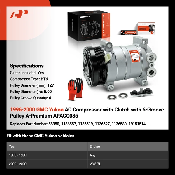 1996-2000 GMC Yukon AC Compressor with Clutch with 6-Groove Pulley A-Premium APACC085