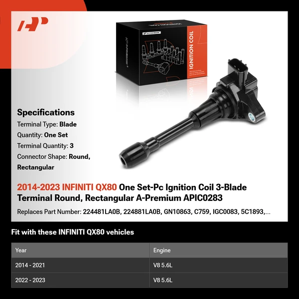 2014-2023 INFINITI QX80 One Set-Pc Ignition Coil 3-Blade Terminal Round, Rectangular A-Premium APIC0283