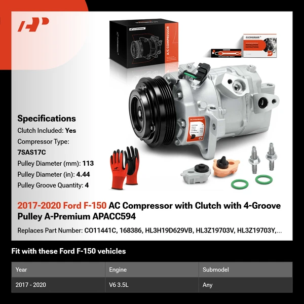 2017-2020 Ford F-150 AC Compressor with Clutch with 4-Groove Pulley A-Premium APACC594