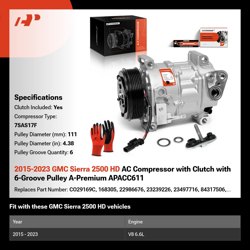 2015-2023 GMC Sierra 2500 HD AC Compressor with Clutch with 6-Groove Pulley A-Premium APACC611