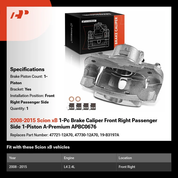 2008-2015 Scion xB 1-Pc Brake Caliper Front Right Passenger Side 1-Piston A-Premium APBC0676