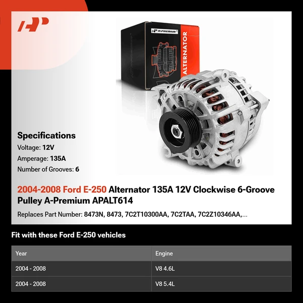 2004-2008 Ford E-250 Alternator 135A 12V Clockwise 6-Groove Pulley A-Premium APALT614