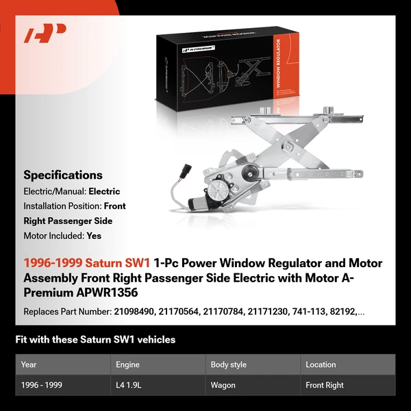 1996-1999 Saturn SW1 1-Pc Power Window Regulator and Motor Assembly Front Right Passenger Side Electric with Motor A-Premium APWR1356