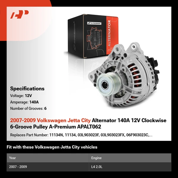 2007-2009 Volkswagen Jetta City Alternator 140A 12V Clockwise 6-Groove Pulley A-Premium APALT062