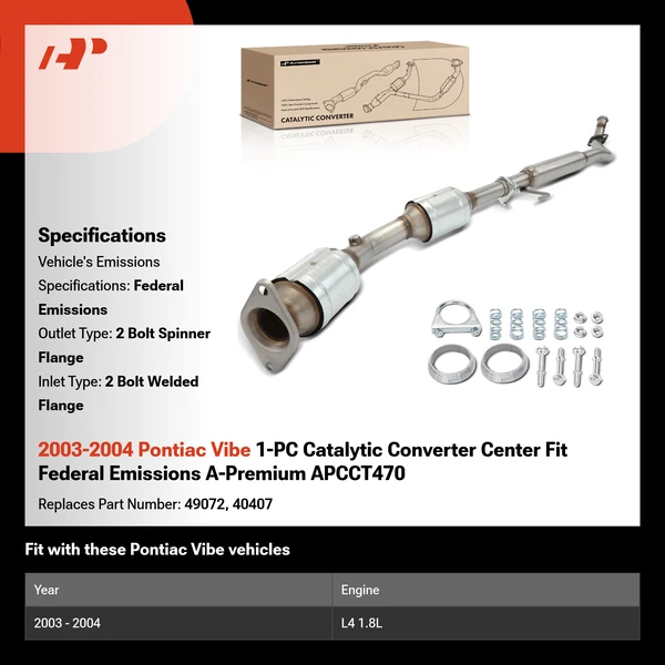 2003-2004 Pontiac Vibe 1-PC Catalytic Converter Center Fit Federal Emissions A-Premium APCCT470