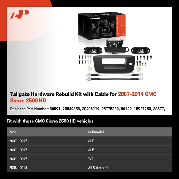 Tailgate Hardware Rebuild Kit with Cable for 2007-2014 GMC Sierra 2500 HD