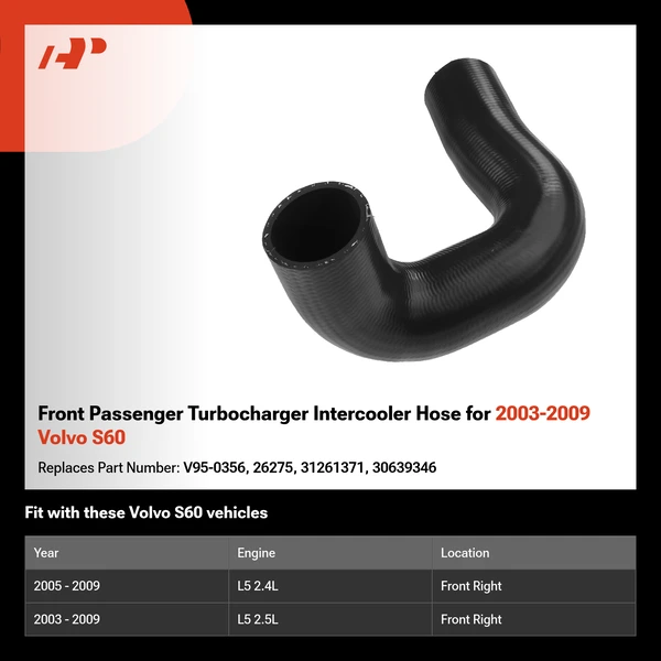 Front Passenger Turbocharger Intercooler Hose for 2003-2009 Volvo S60