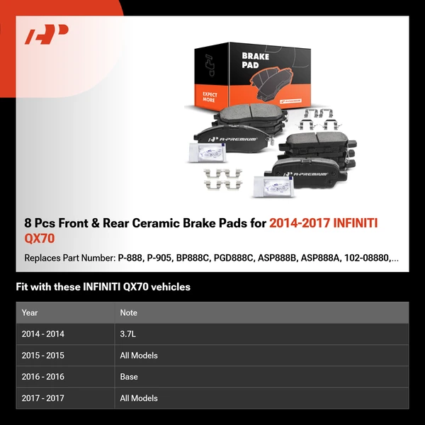 8 Pcs Front & Rear Ceramic Brake Pads for 2014-2017 INFINITI QX70