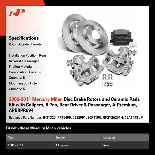 2006-2011 Mercury Milan Disc Brake Rotors and Ceramic Pads Kit with Calipers, 8 Pcs, Rear Driver & Passenger, A-Premium, APBRPR694