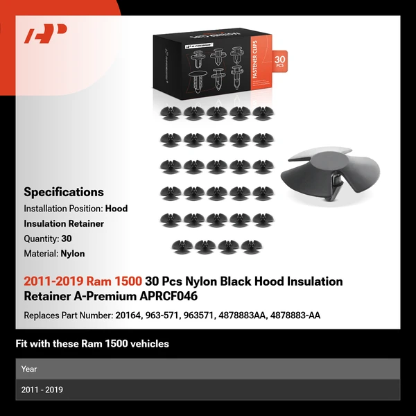 2011-2019 Ram 1500 30 Pcs Nylon Black Hood Insulation Retainer A-Premium APRCF046