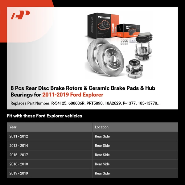 8 Pcs Rear Disc Brake Rotors & Ceramic Brake Pads & Hub Bearings for 2011-2019 Ford Explorer