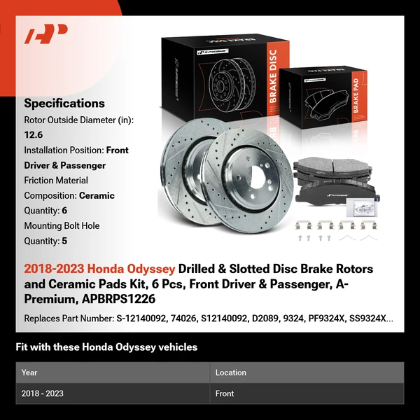 2018-2023 Honda Odyssey Drilled & Slotted Disc Brake Rotors and Ceramic Pads Kit, 6 Pcs, Front Driver & Passenger, A-Premium, APBRPS1226