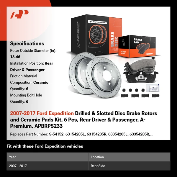 2007-2017 Ford Expedition Drilled & Slotted Disc Brake Rotors and Ceramic Pads Kit, 6 Pcs, Rear Driver & Passenger, A-Premium, APBRPS233