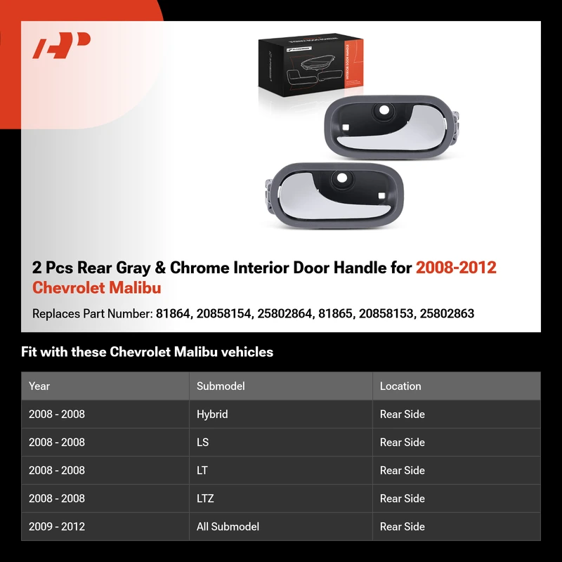 2 Pcs Rear Gray & Chrome Interior Door Handle for 2008-2012 Chevrolet Malibu