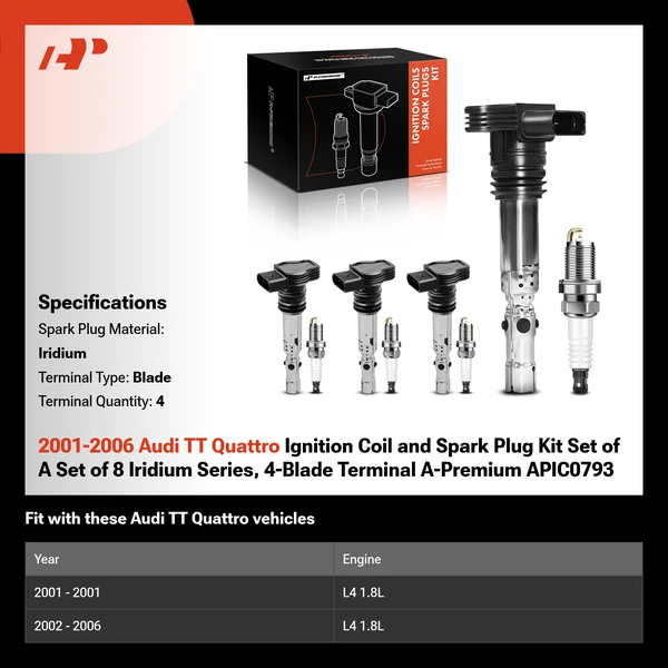 2001-2006 Audi TT Quattro Ignition Coil and Spark Plug Kit Set of A Set of 8 Iridium Series, 4-Blade Terminal A-Premium APIC0793
