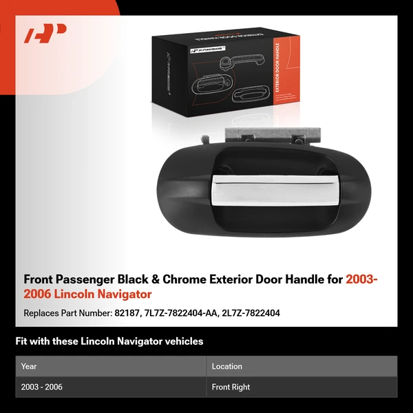 Front Passenger Black & Chrome Exterior Door Handle for 2003-2006 Lincoln Navigator
