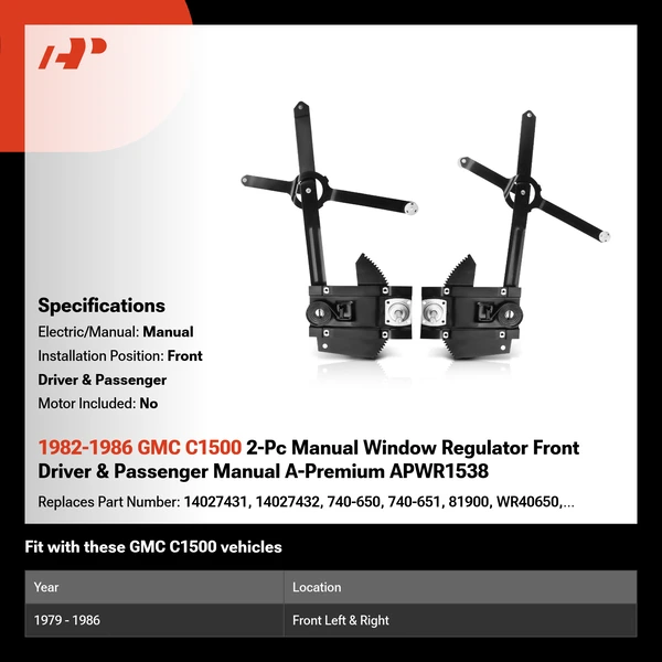 1982-1986 GMC C1500 2-Pc Manual Window Regulator Front Driver & Passenger Manual A-Premium APWR1538