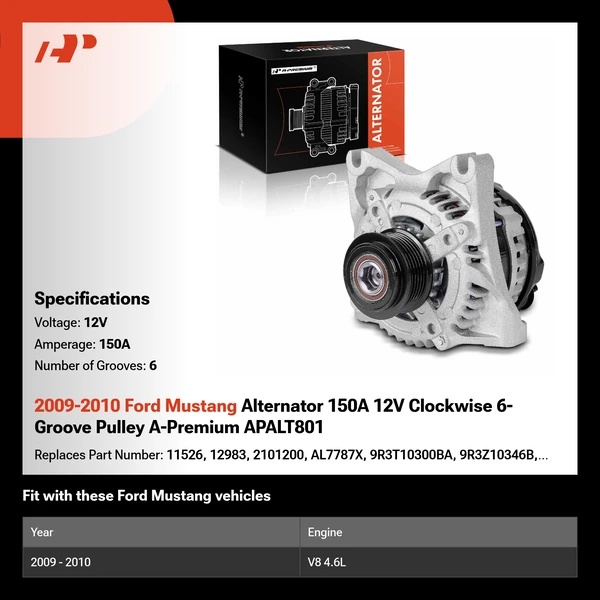 2009-2010 Ford Mustang Alternator 150A 12V Clockwise 6-Groove Pulley A-Premium APALT801