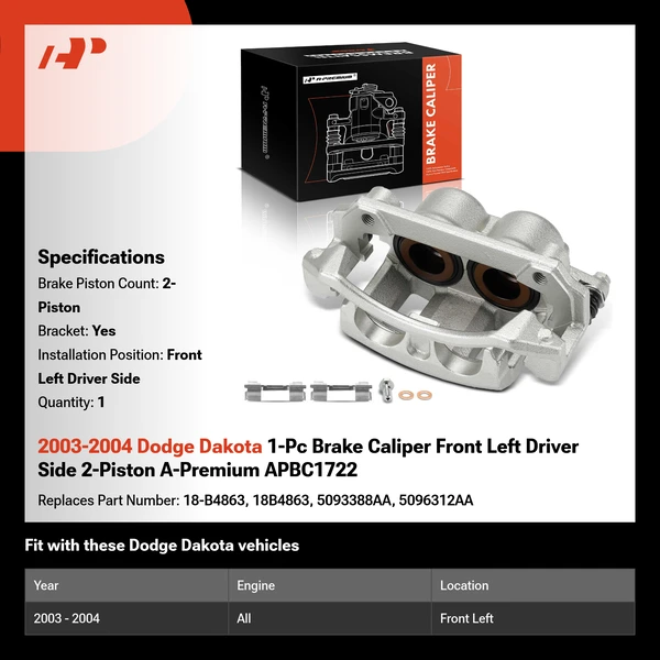 2003-2004 Dodge Dakota 1-Pc Brake Caliper Front Left Driver Side 2-Piston A-Premium APBC1722