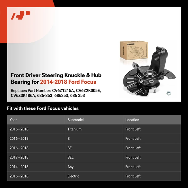 Front Driver Steering Knuckle & Hub Bearing for 2014-2018 Ford Focus