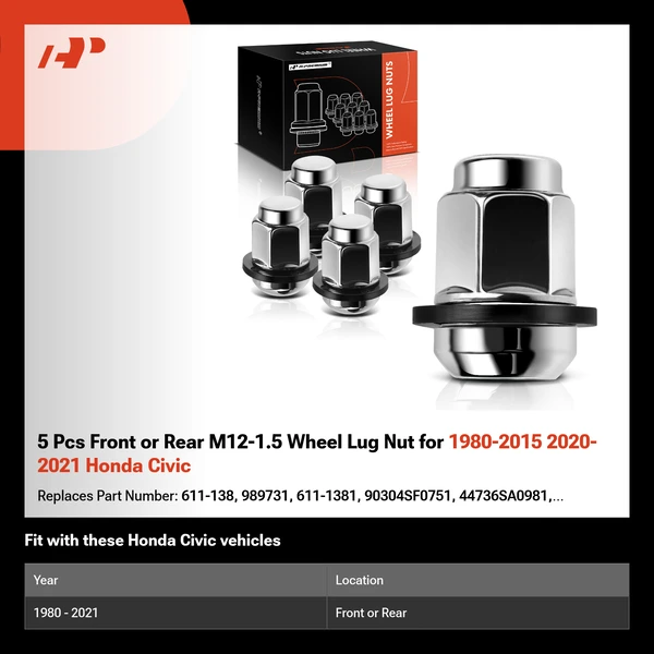 5 Pcs Front or Rear M12-1.5 Wheel Lug Nut for 1980-2015 2020-2021 Honda Civic