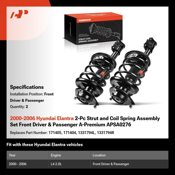2000-2006 Hyundai Elantra 2-Pc Strut and Coil Spring Assembly Set Front Driver & Passenger A-Premium APSA0276