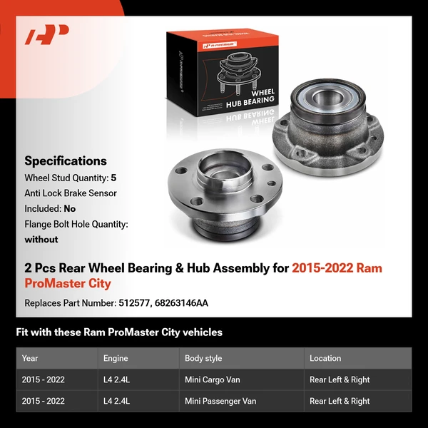 2 Pcs Rear Wheel Bearing & Hub Assembly for 2015-2022 Ram ProMaster City