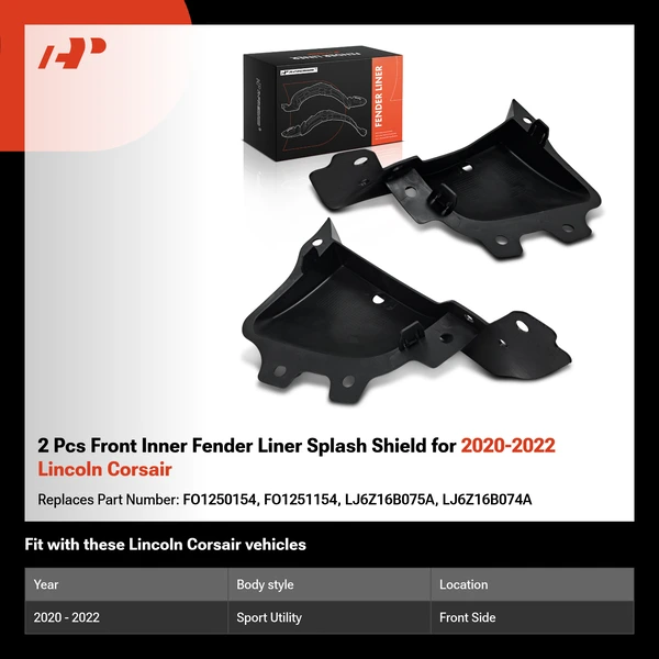 2 Pcs Front Inner Fender Liner Splash Shield for 2020-2022 Lincoln Corsair
