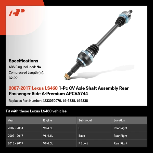 2007-2017 Lexus LS460 1-Pc CV Axle Shaft Assembly Rear Passenger Side A-Premium APCVA744