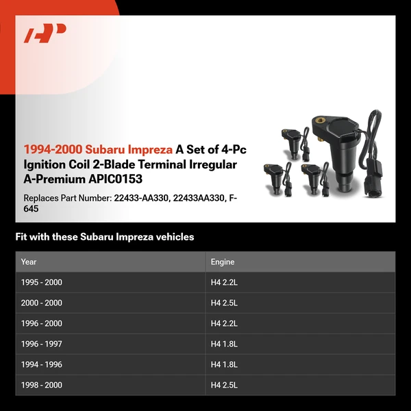 1994-2000 Subaru Impreza A Set of 4-Pc Ignition Coil 2-Blade Terminal Irregular A-Premium APIC0153