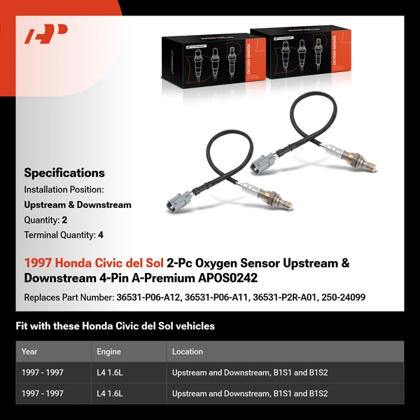 1997 Honda Civic del Sol 2-Pc Oxygen Sensor Upstream & Downstream 4-Pin A-Premium APOS0242