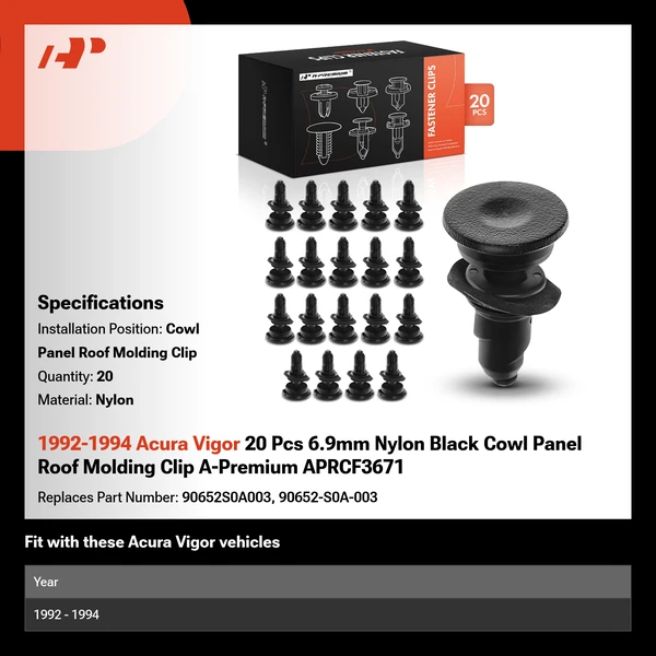 1992-1994 Acura Vigor 20 Pcs 6.9mm Nylon Black Cowl Panel Roof Molding Clip A-Premium APRCF3671