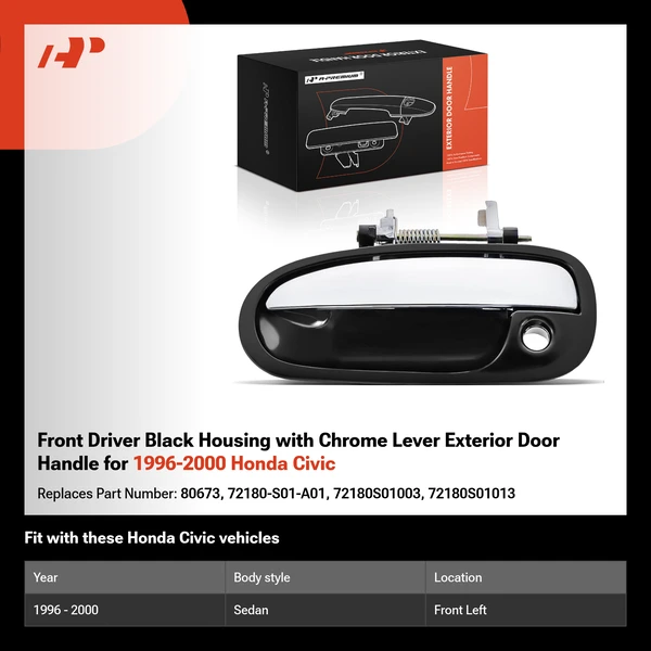 Front Driver Black Housing with Chrome Lever Exterior Door Handle for 1996-2000 Honda Civic