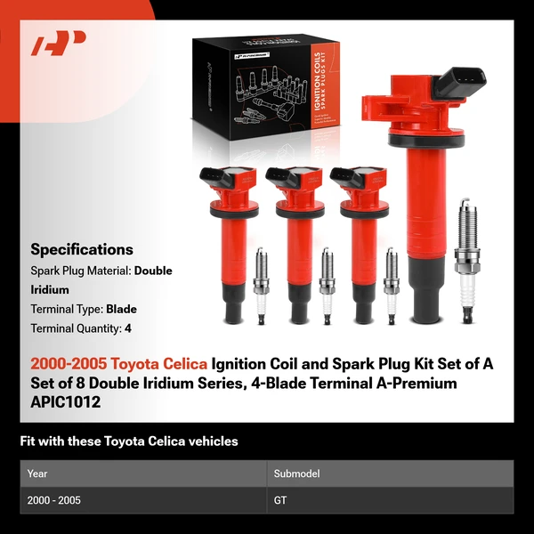 2000-2005 Toyota Celica Ignition Coil and Spark Plug Kit Set of A Set of 8 Double Iridium Series, 4-Blade Terminal A-Premium APIC1012