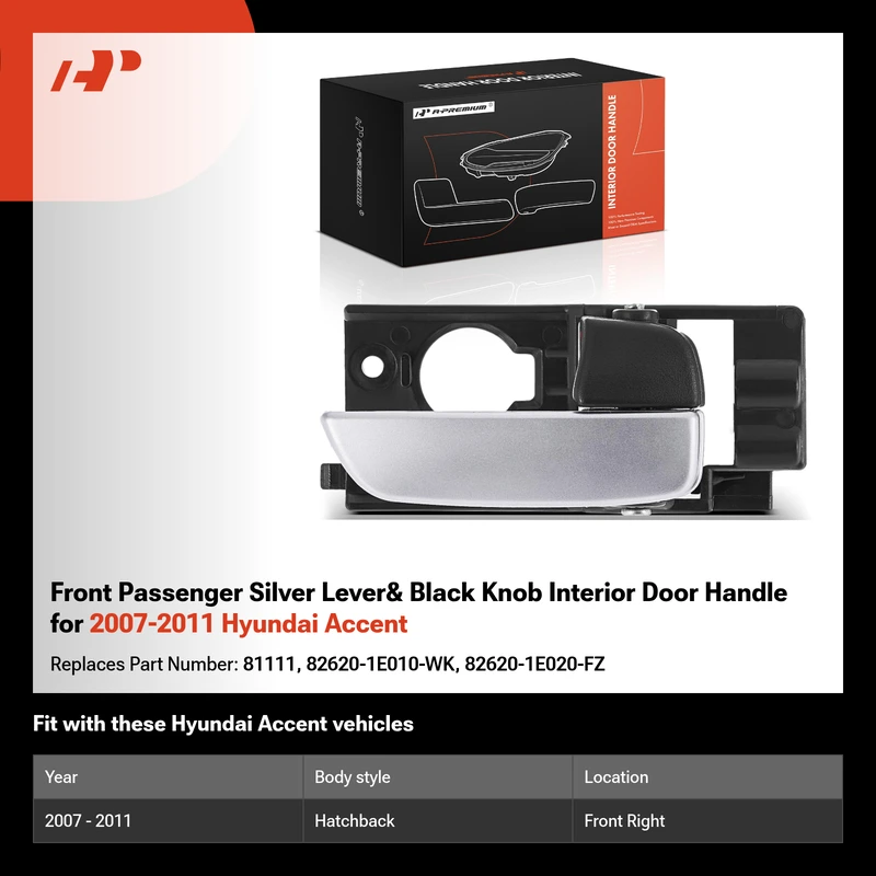 Front Passenger Silver Lever& Black Knob Interior Door Handle for 2007-2011 Hyundai Accent