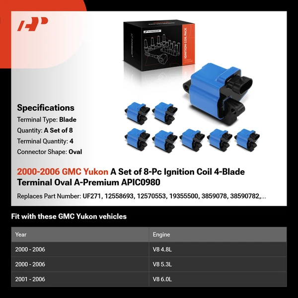 2000-2006 GMC Yukon A Set of 8-Pc Ignition Coil 4-Blade Terminal Oval A-Premium APIC0980