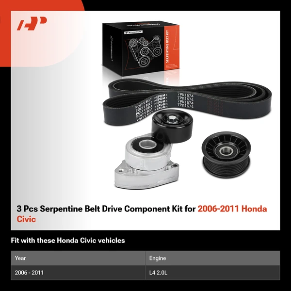3 Pcs Serpentine Belt Drive Component Kit for 2006-2011 Honda Civic