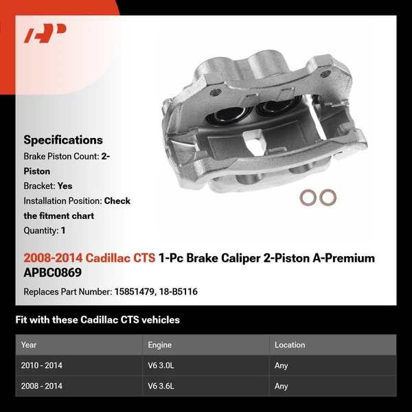 2008-2014 Cadillac CTS 1-Pc Brake Caliper 2-Piston A-Premium APBC0869