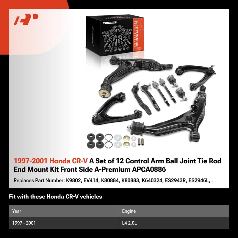 1997-2001 Honda CR-V A Set of 12 Control Arm Ball Joint Tie Rod End Mount Kit Front Side A-Premium APCA0886