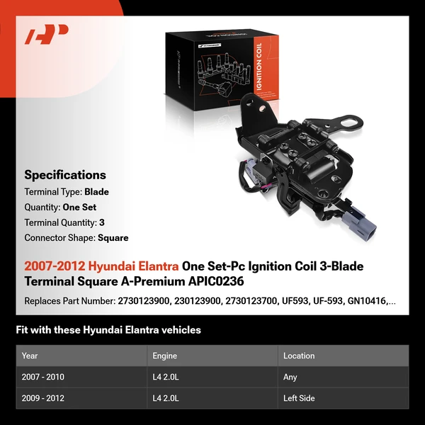 2007-2012 Hyundai Elantra One Set-Pc Ignition Coil 3-Blade Terminal Square A-Premium APIC0236